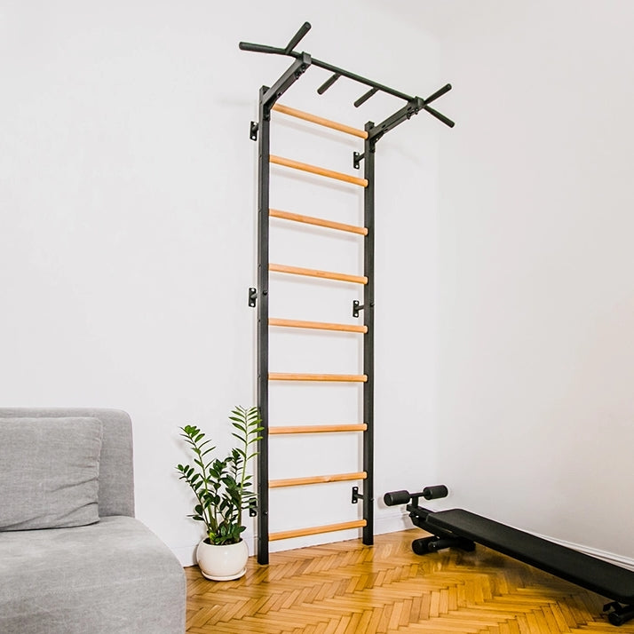 BenchK 721Swedish Ladder / Wall Bar - Premium Steel & Beech Wood Fitness Ladder with Fixed 6-Grip Pull-Up Bar