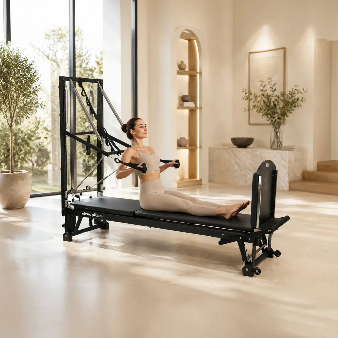 A women exercising on eleno pilates reformer machine