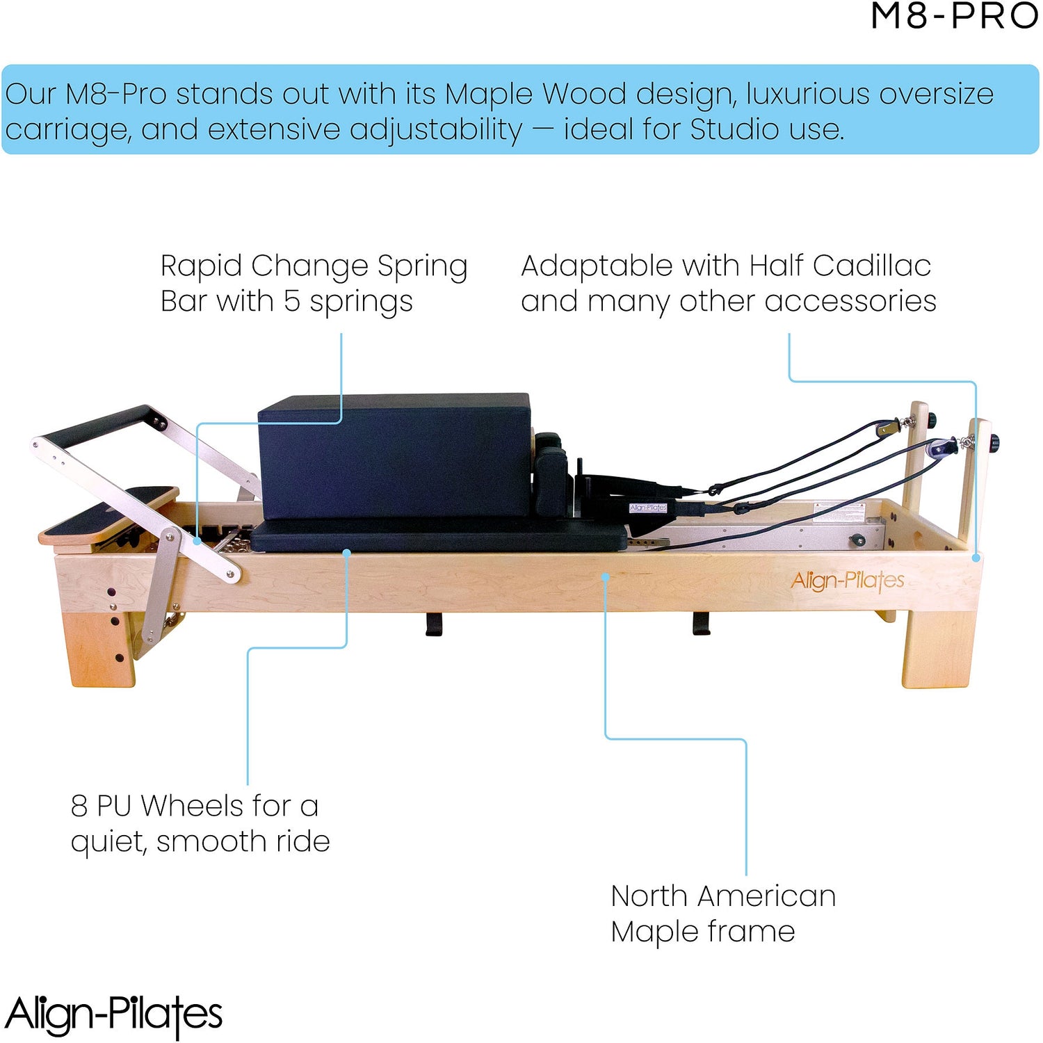 Align-Pilates M8-Pro Maple Wood Pilates Reformer with Half Cadillac